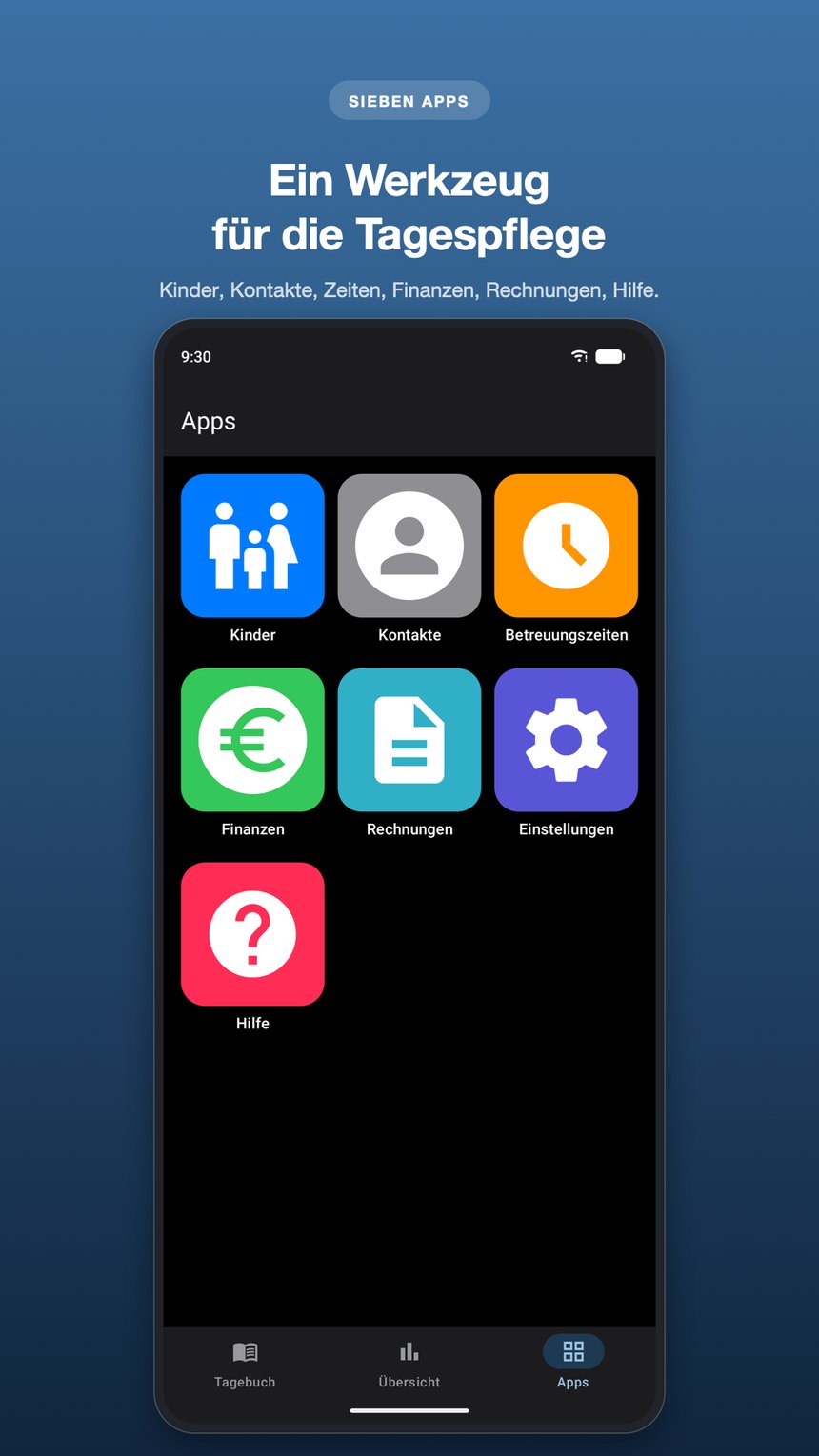 Die Seite „Apps“ mit den sieben Bereichen Kinder, Kontakte, Betreuungszeiten, Finanzen, Rechnungen, Einstellungen und Hilfe.