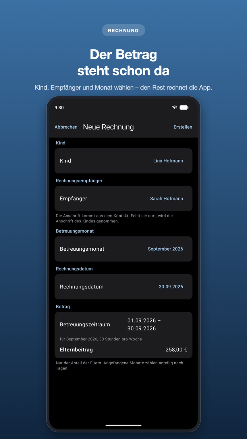 Formular für eine neue Rechnung mit Kind, Rechnungsempfänger, Betreuungsmonat und dem bereits berechneten Betrag.