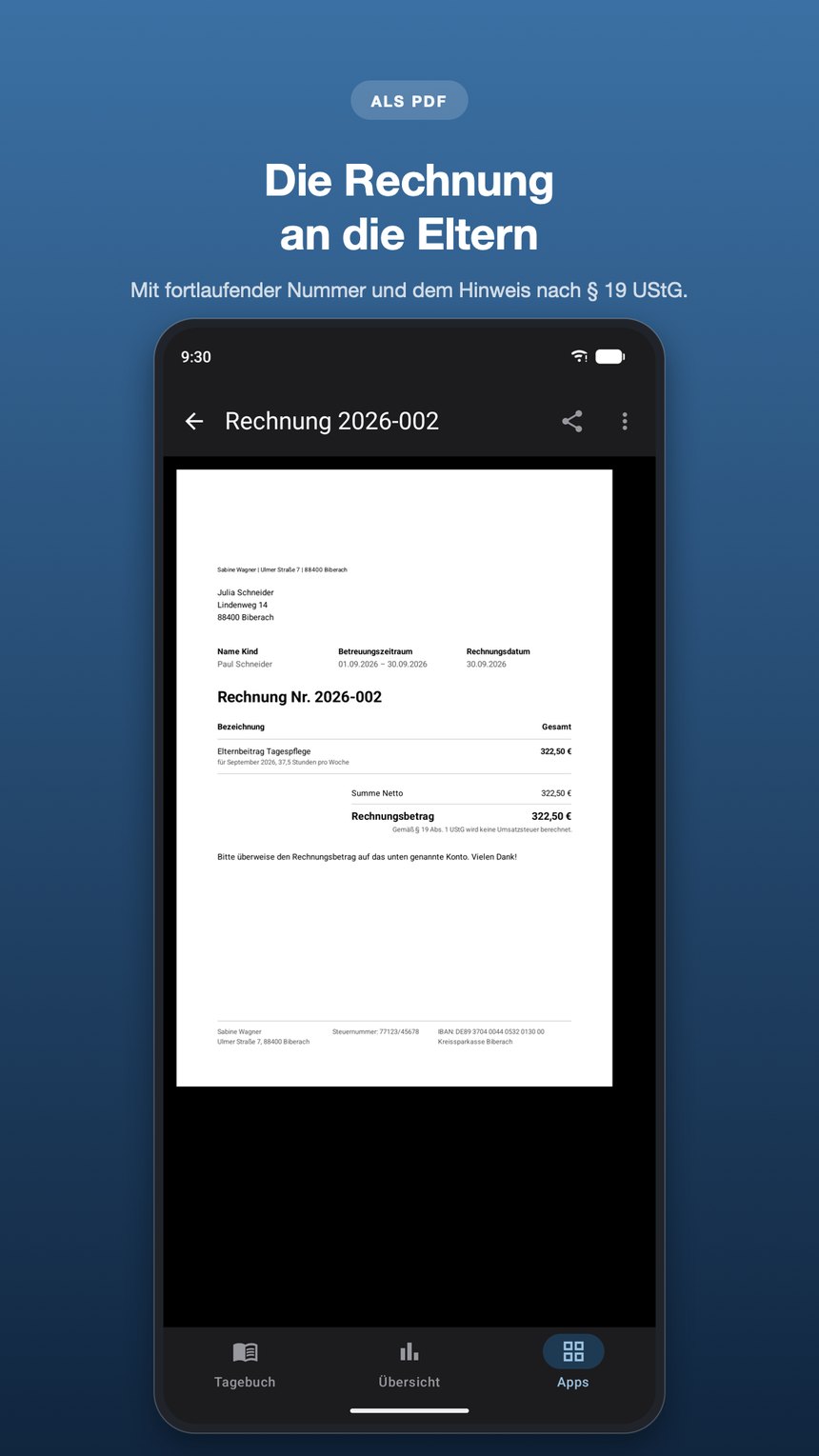 Fertige Rechnung als PDF mit Rechnungsnummer, Betreuungszeitraum, Betrag und Bankverbindung.