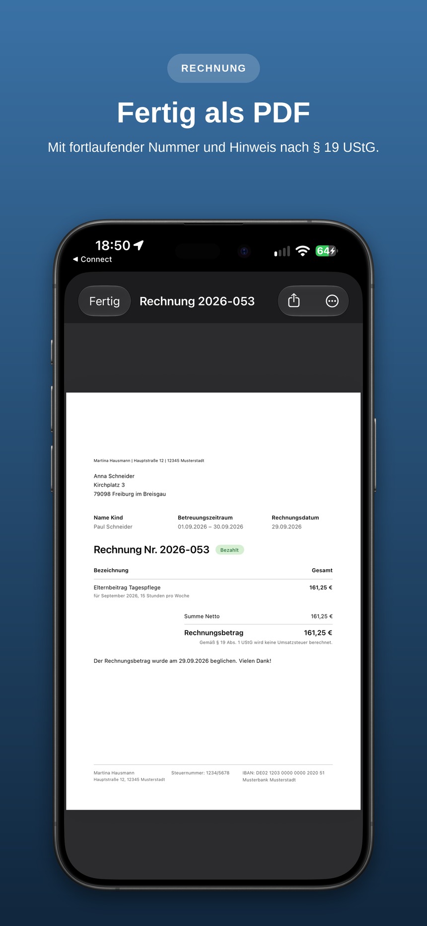 Fertige Rechnung als PDF mit Rechnungsnummer, Betreuungszeitraum, Betrag und Bankverbindung.